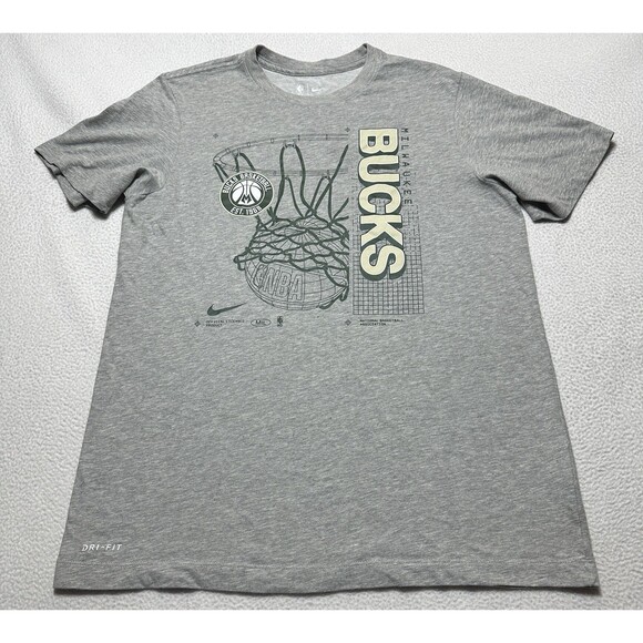 Milwaukee Bucks Nike Tee Shirt Dri-Fit NBA Basketball Hoop Logo Gray Size Medium - Picture 1 of 9